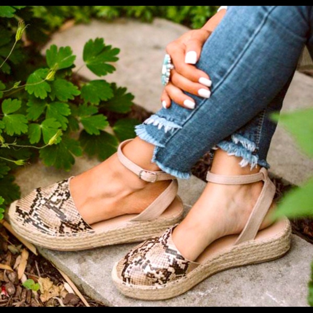 Soda Espadrille Sandals in Snake Print and Beige Ankle Strap